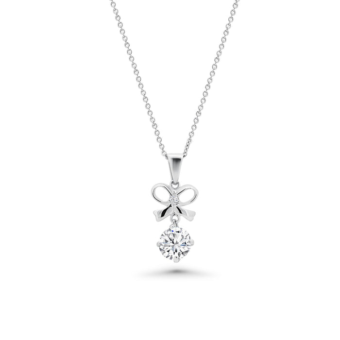 Rhodium Plated 925 Sterling Silver Clear Bow CZ Hanging Earring and Necklace Set - BGS00229 | Silver Palace Inc.