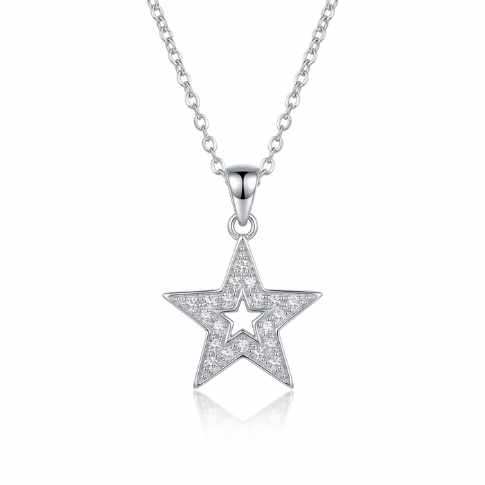 Rhodium Plated 925 Sterling Silver Clear CZ Star Pendant Necklace - STP00686