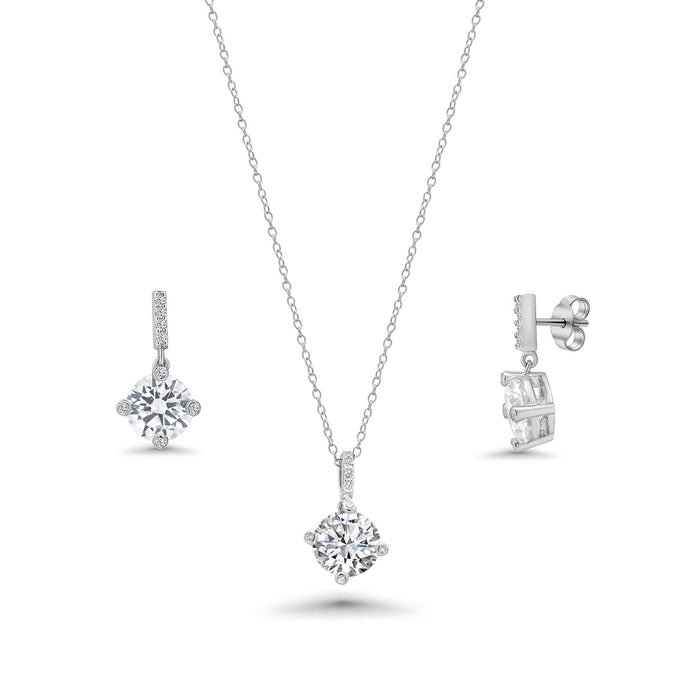Silver 925 Rhodium Plated Clear Round CZ Dangling Stud Earring and Necklace Set - BGS00241 | Silver Palace Inc.