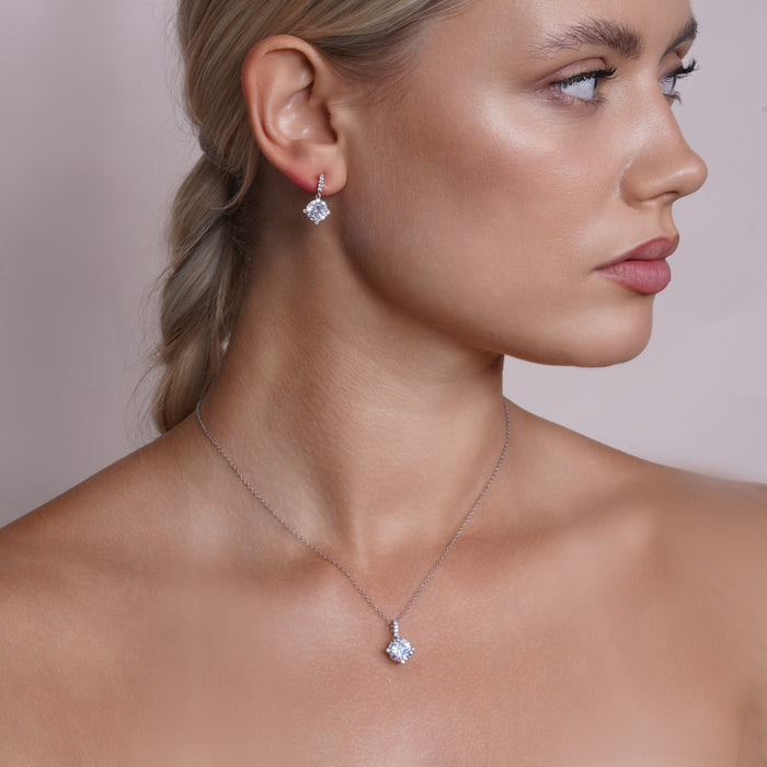 Silver 925 Rhodium Plated Clear Round CZ Dangling Stud Earring and Necklace Set - BGS00241 | Silver Palace Inc.