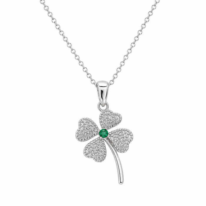 Rhodium Plated 925 Sterling Silver Clover with Green CZ Pendant Necklace - STP00235-GREEN