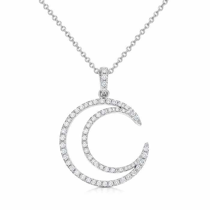 Rhodium Plated 925 Sterling Silver CZ Crescent Moon Pendant Necklace - STP00172