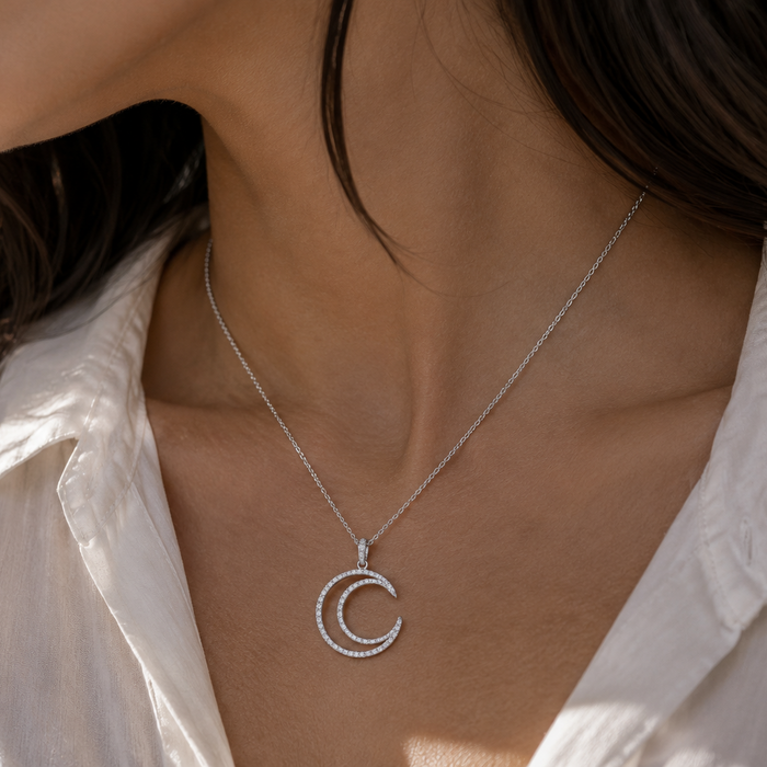 Rhodium Plated 925 Sterling Silver CZ Crescent Moon Pendant Necklace - STP00172