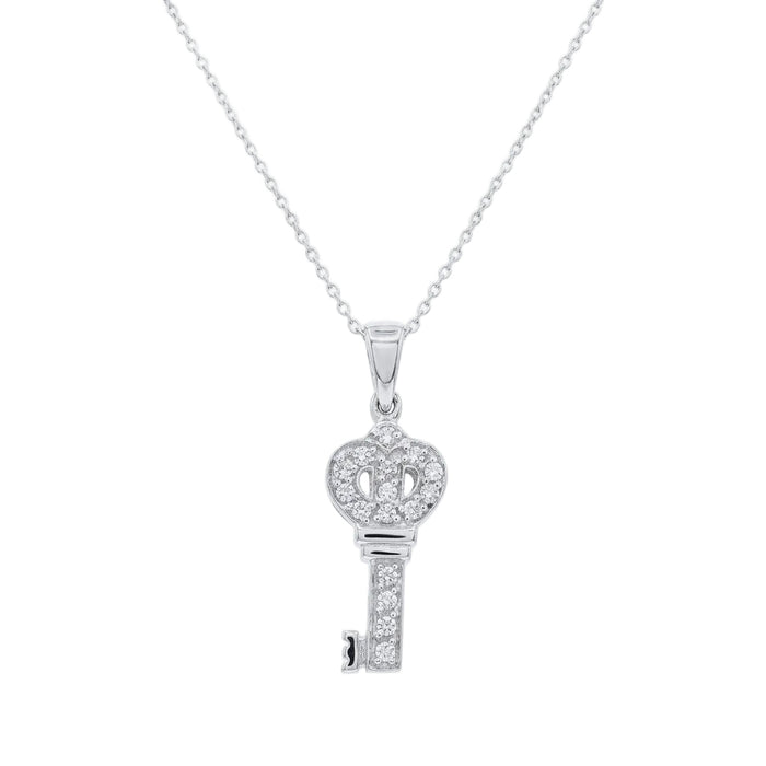 Rhodium Plated 925 Sterling Silver CZ Crown Key Pendant Necklace - STP00122