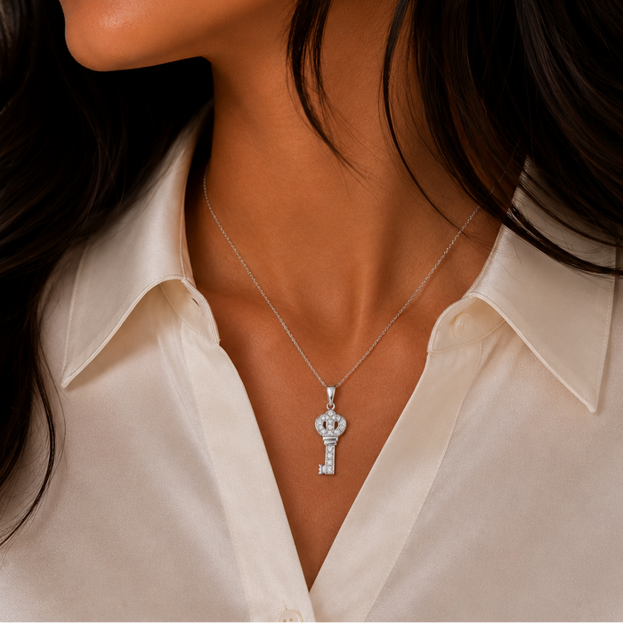 Rhodium Plated 925 Sterling Silver CZ Crown Key Pendant Necklace - STP00122