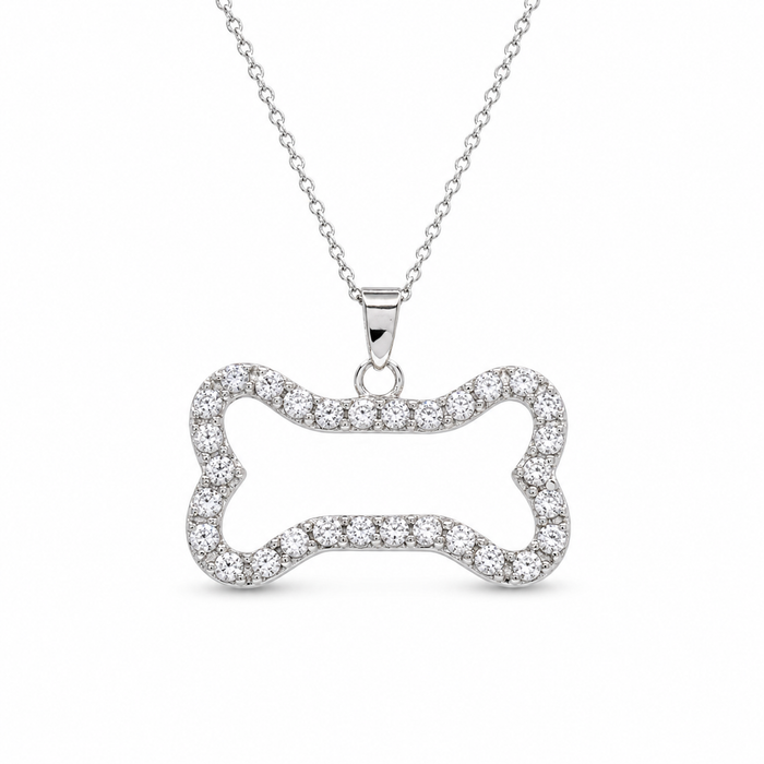 Rhodium Plated 925 Sterling Silver CZ Dog Bone Outline Pendant Necklace - STP00512