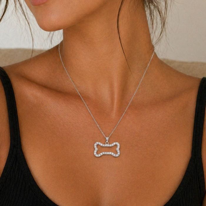 Rhodium Plated 925 Sterling Silver CZ Dog Bone Outline Pendant Necklace - STP00512