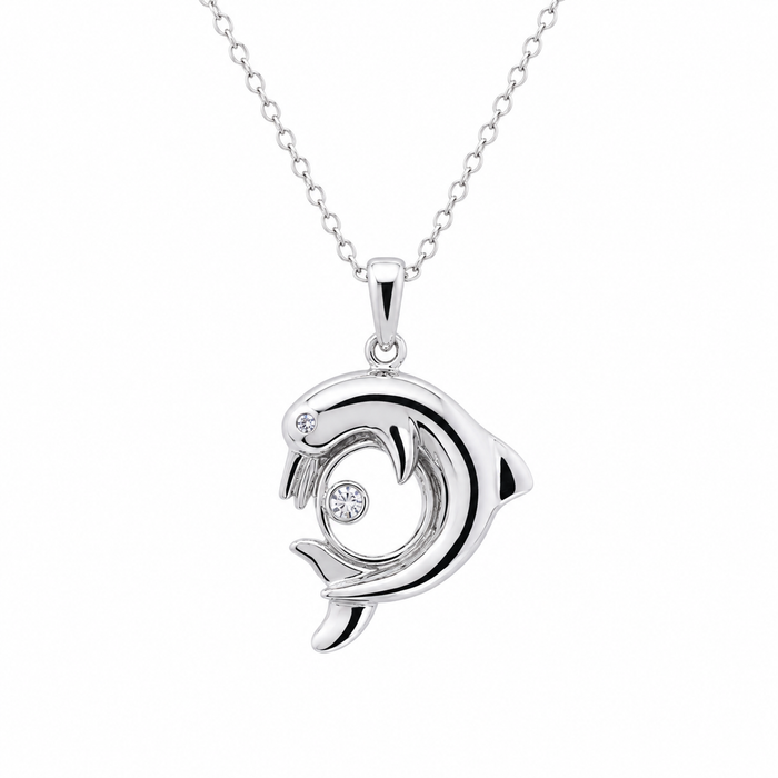 Rhodium Plated 925 Sterling Silver CZ Dolphin Pendant Necklace - BGP00335