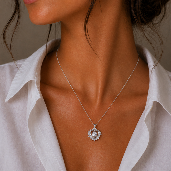 Rhodium Plated 925 Sterling Silver CZ Heart Pendant Necklace - BGP00465