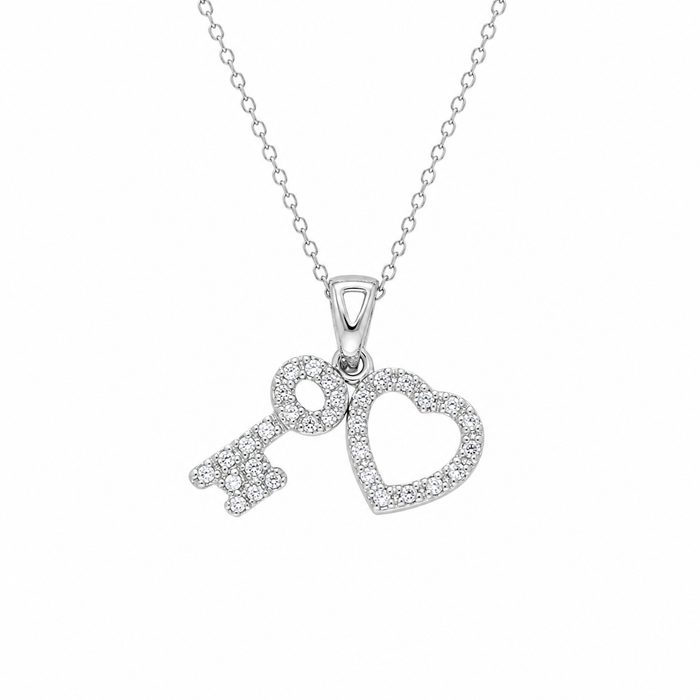 Rhodium Plated 925 Sterling Silver CZ Heart and Pendant Necklace - STP00010