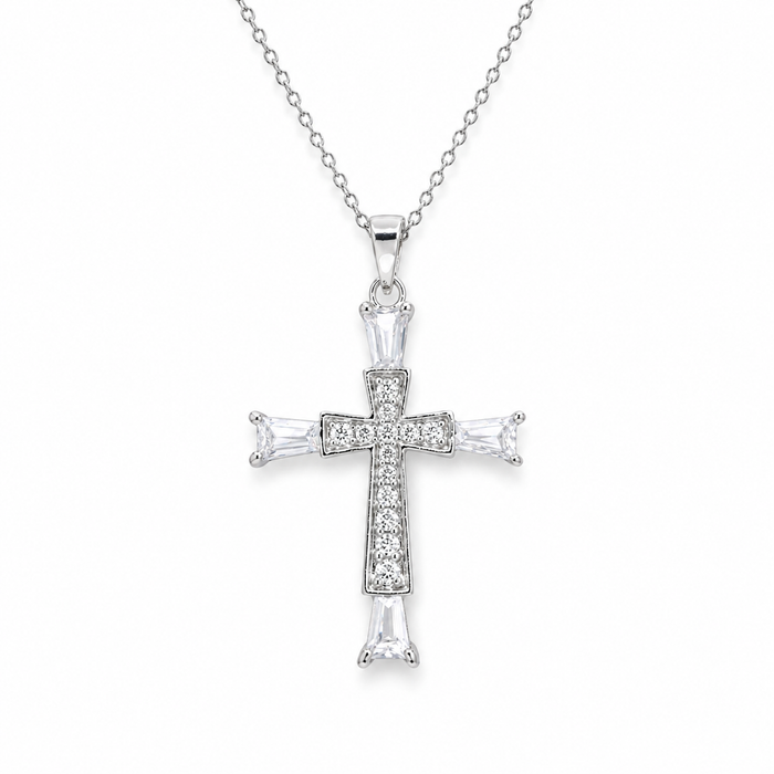 Rhodium Plated 925 Sterling Silver CZ Inlay Cross Pendant Necklace - STP00448