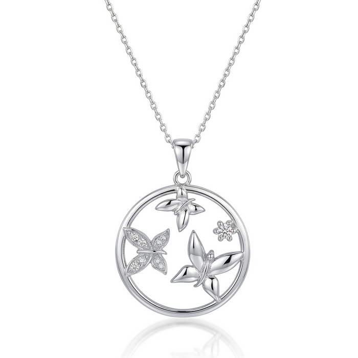 Rhodium Plated 925 Sterling Silver CZ Multi Butterfly Circle Pendant Necklace - STP00957