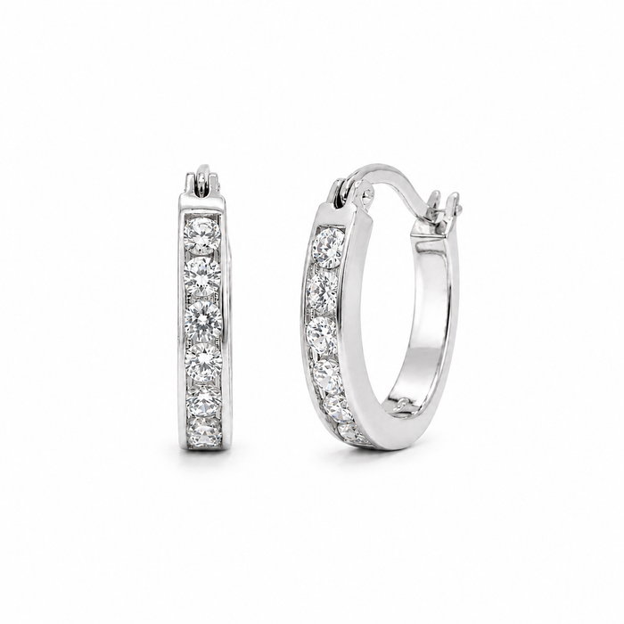 Rhodium Plated 925 Sterling Silver CZ Oval Hoop Earring - STE00076