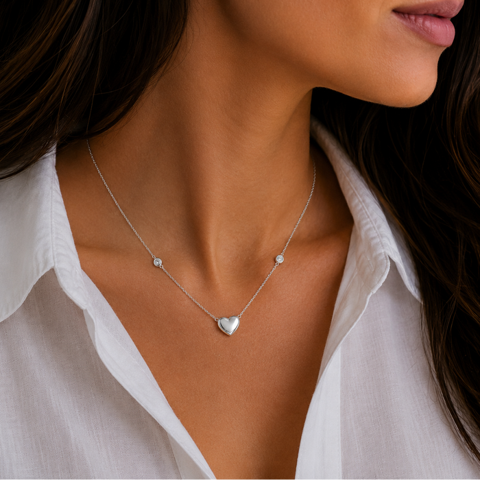 Rhodium Plated 925 Sterling Silver CZ and Puffed Heart Pendant Necklace - STP00326