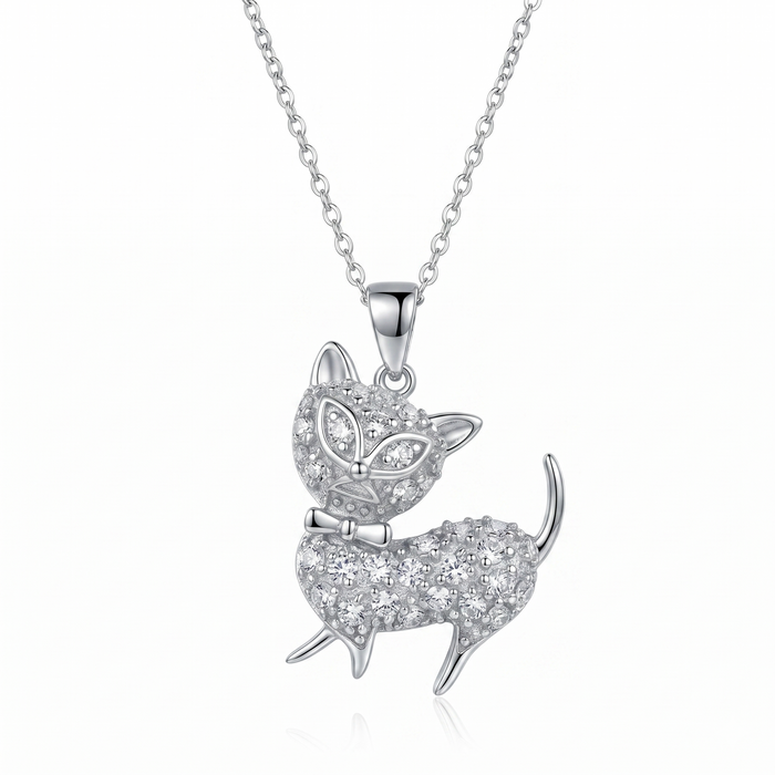 Rhodium Plated 925 Sterling Silver CZ Sassy Cat Pendant Necklace - STP00918