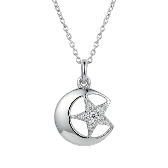 Rhodium Plated 925 Sterling Silver CZ Star and Crescent Moon Pendant Necklace - STP00387 STP00500
