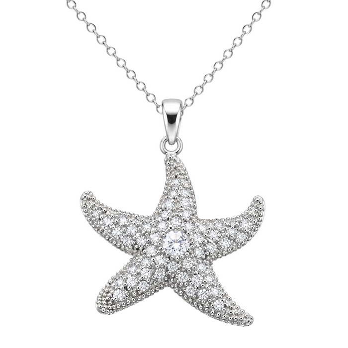Rhodium Plated 925 Sterling Silver CZ Starfish Pendant Necklace - STP00186