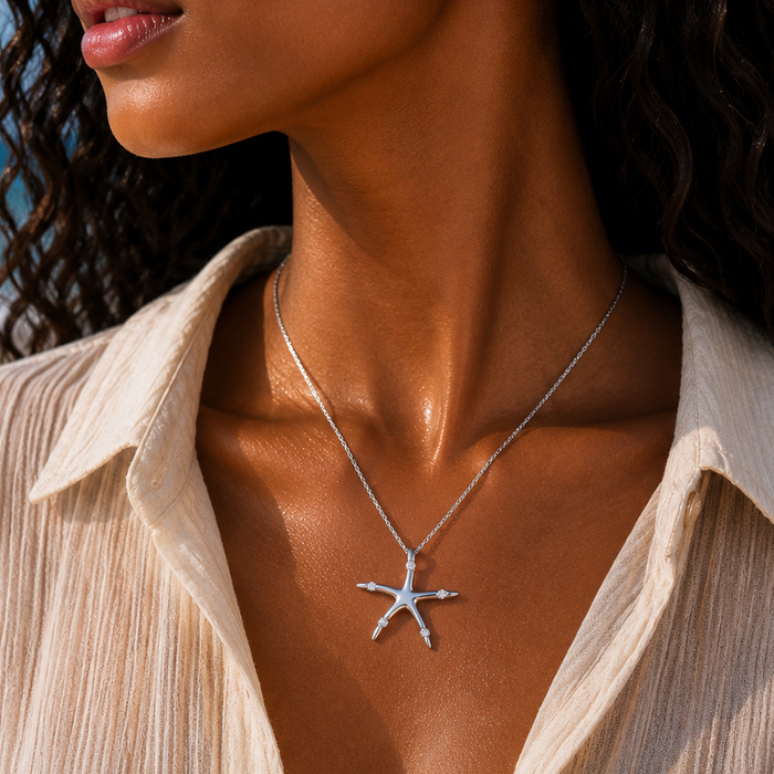 Rhodium Plated 925 Sterling Silver CZ Starfish Pendant Necklace - STP00759