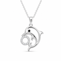 Rhodium Plated 925 Sterling Silver Dolphin CZ Circle Pendant Necklace - BGP00196