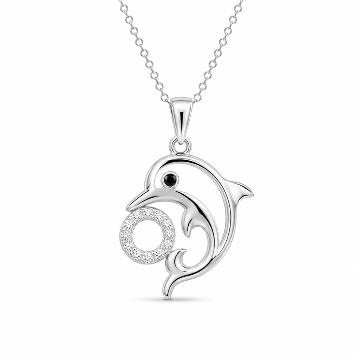 Rhodium Plated 925 Sterling Silver Dolphin CZ Circle Pendant Necklace - BGP00196