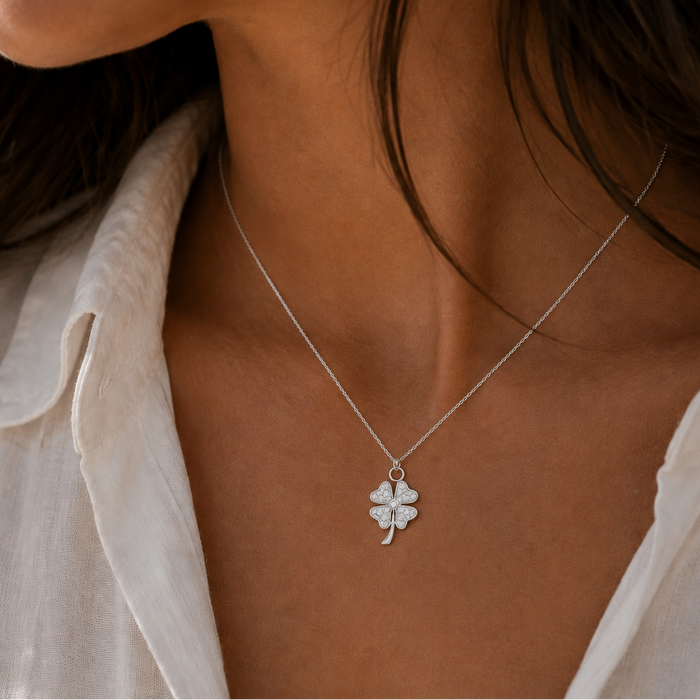 Rhodium Plated 925 Sterling Silver Double Sided CZ Clover Pendant Necklace - STP00143