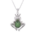 Rhodium Plated 925 Sterling Silver Green CZ Crowned Frog Pendant Necklace -BGP00610