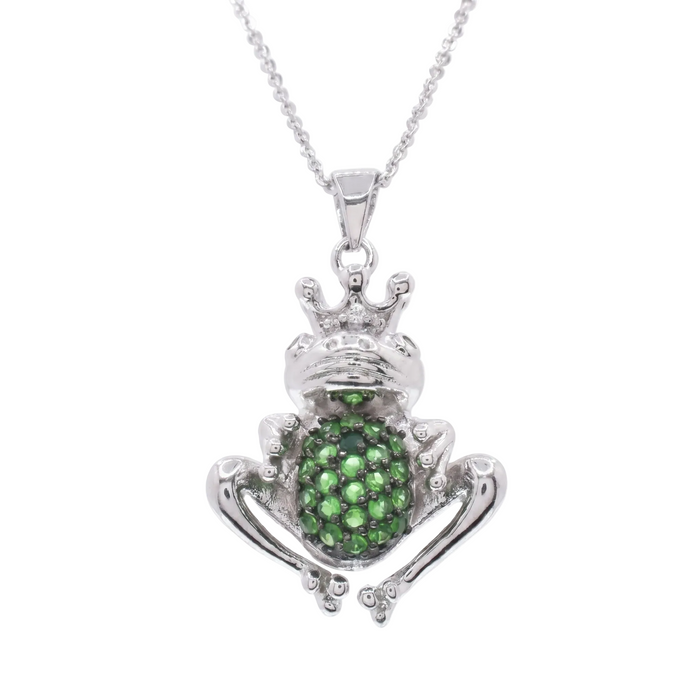 Rhodium Plated 925 Sterling Silver Green CZ Crowned Frog Pendant Necklace -BGP00610