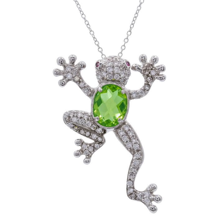 Rhodium Plated 925 Sterling Silver Green CZ Frog Pendant Necklace - STP00762