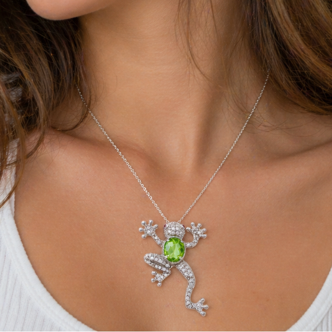 Rhodium Plated 925 Sterling Silver Green CZ Frog Pendant Necklace - STP00762