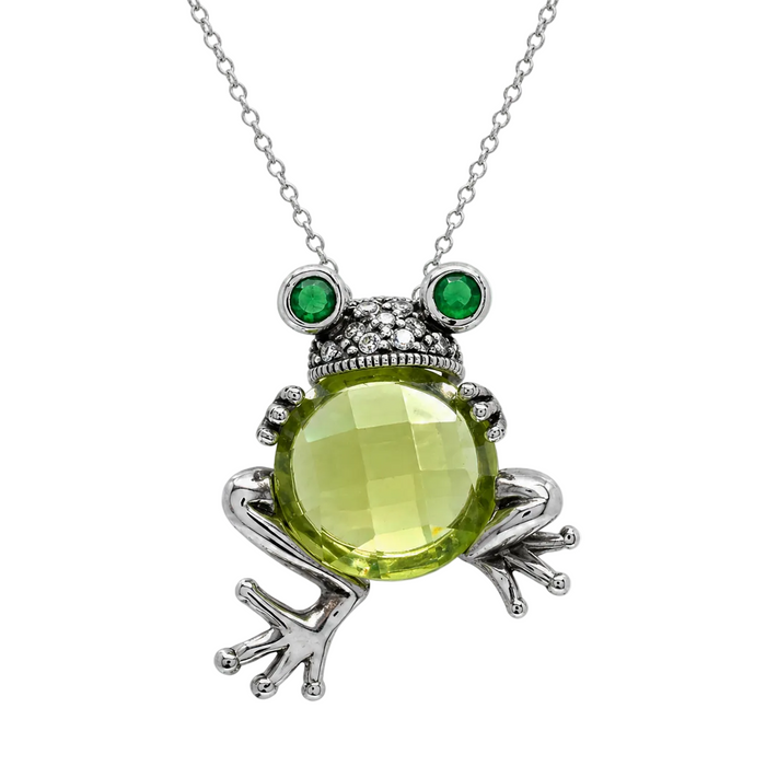 Rhodium Plated 925 Sterling Silver Green CZ Frog Pendant Necklace - STP00643