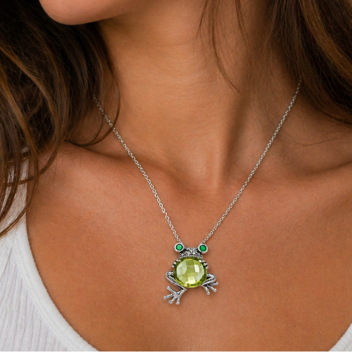 Rhodium Plated 925 Sterling Silver Green CZ Frog Pendant Necklace - STP00643