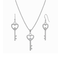 Rhodium Plated 925 Sterling Silver Heart Key CZ Earring and Necklace Set - STS00156