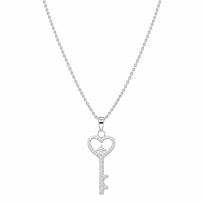 Rhodium Plated 925 Sterling Silver Heart Key CZ Earring and Necklace Set - STS00156