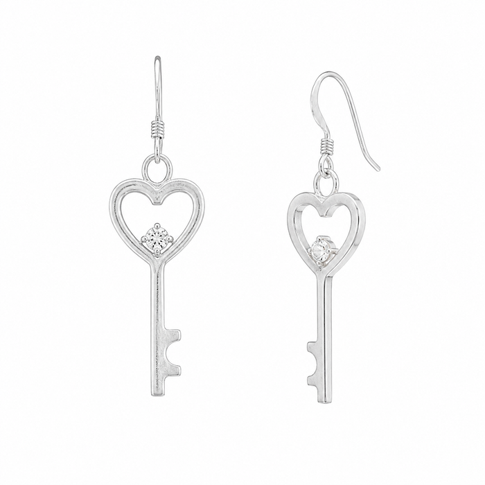 Rhodium Plated 925 Sterling Silver Heart Key CZ Earring and Necklace Set - STS00156