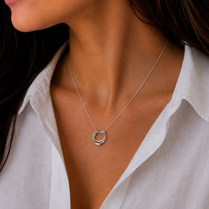 Rhodium Plated 925 Sterling Silver Interlocking CZ Rings Pendant Necklace - STP00348