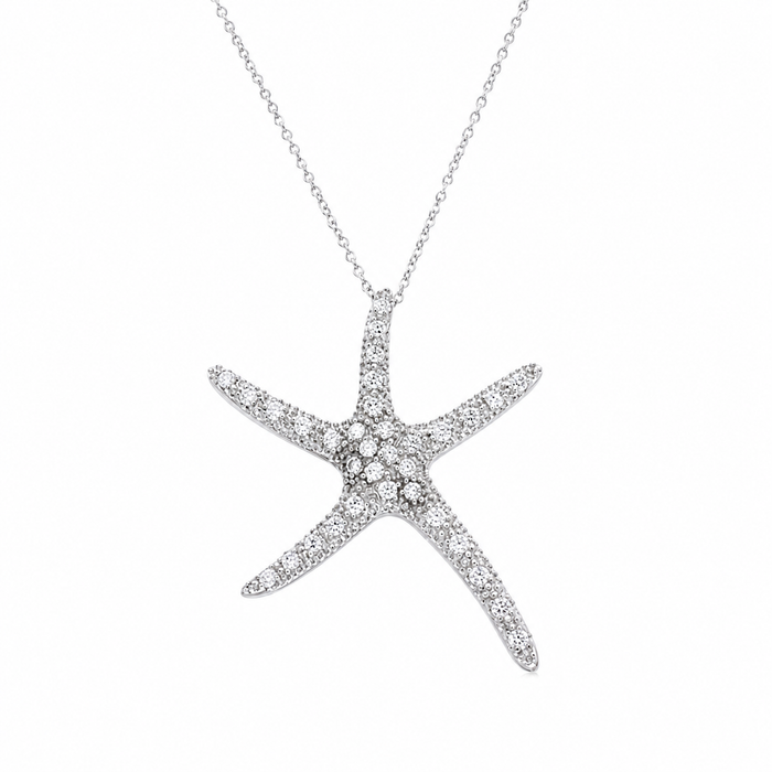 Rhodium Plated 925 Sterling Silver Large CZ Starfish Pendant Necklace - STP00886