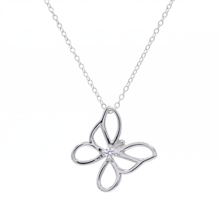 Rhodium Plated 925 Sterling Silver Open Butterfly CZ Pendant Necklace - STP00406
