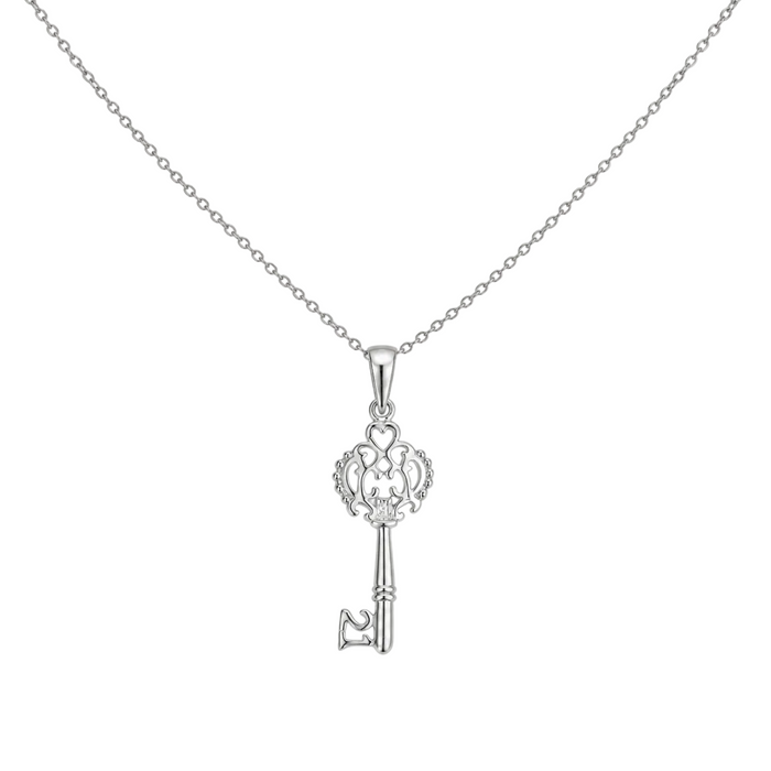 Rhodium Plated 925 Sterling Silver Open Key CZ Necklace - BGP00434