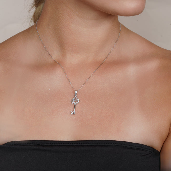 Rhodium Plated 925 Sterling Silver Open Key CZ Necklace - BGP00434