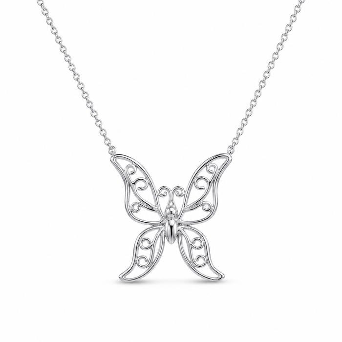 Rhodium Plated 925 Sterling Silver Ornate Butterfly Pendant Necklace - STP00713