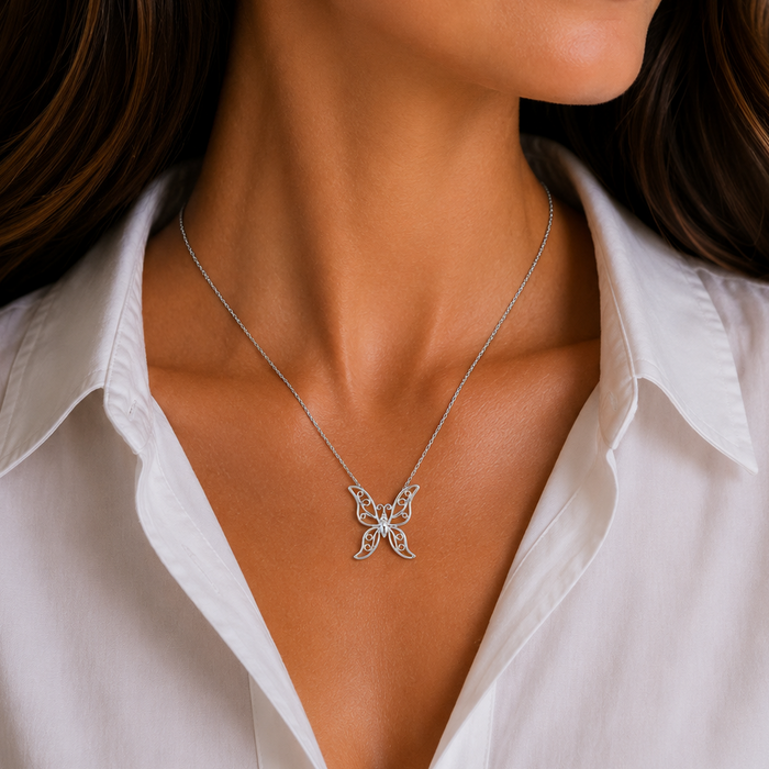 Rhodium Plated 925 Sterling Silver Ornate Butterfly Pendant Necklace - STP00713