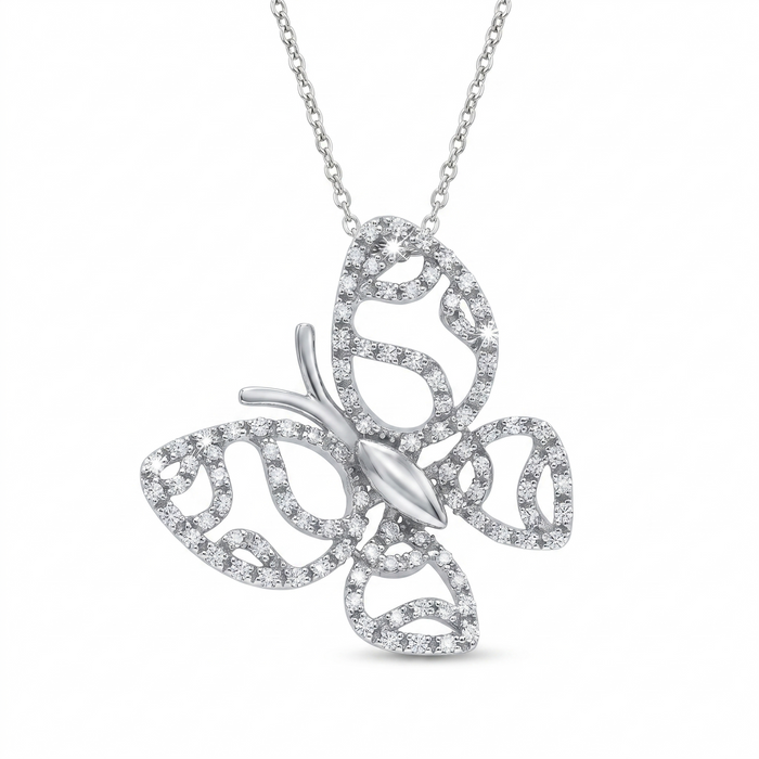 Rhodium Plated 925 Sterling Silver Ornate CZ Butterfly Pendant Necklace - STP00954