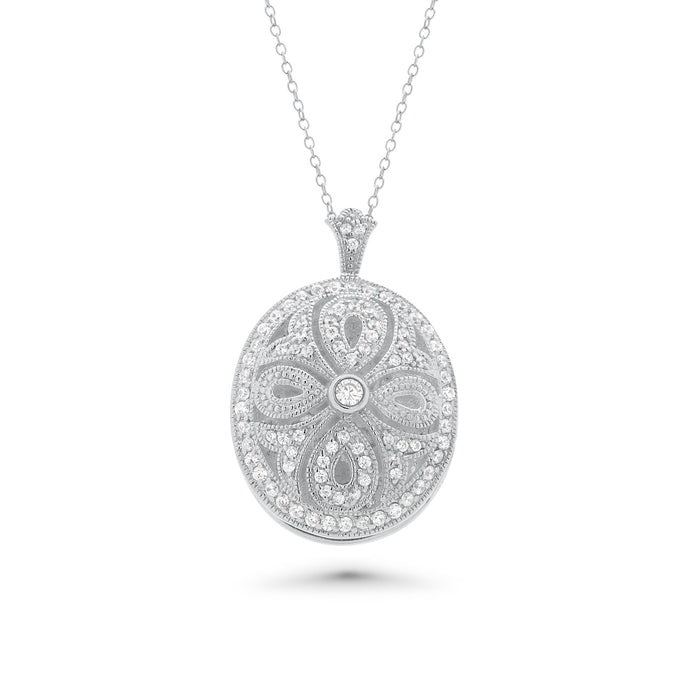 Rhodium Plated 925 Sterling Silver Ornate CZ Cross Locket Pendant Necklace - STP00121