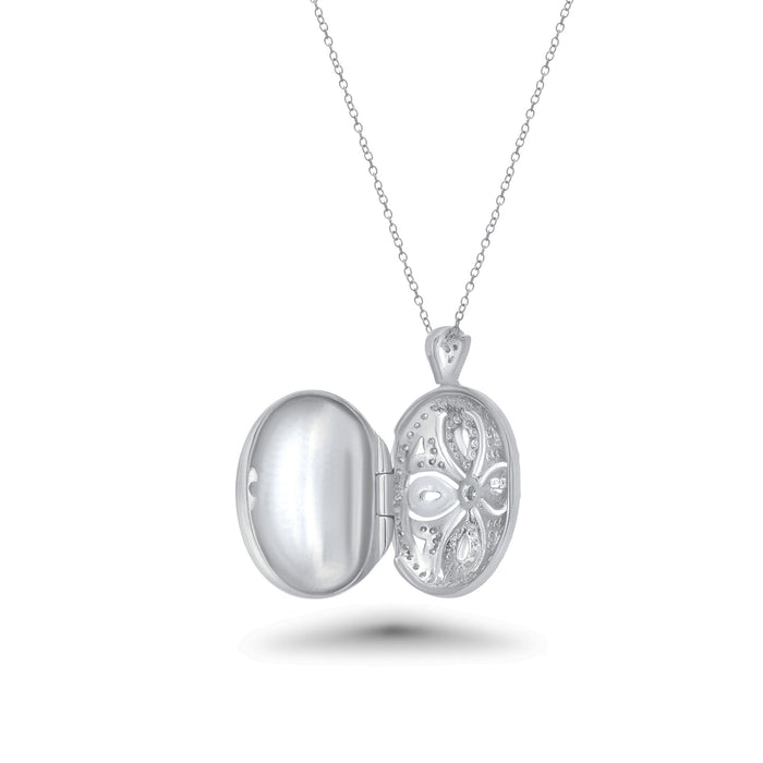 Rhodium Plated 925 Sterling Silver Ornate CZ Cross Locket Pendant Necklace - STP00121
