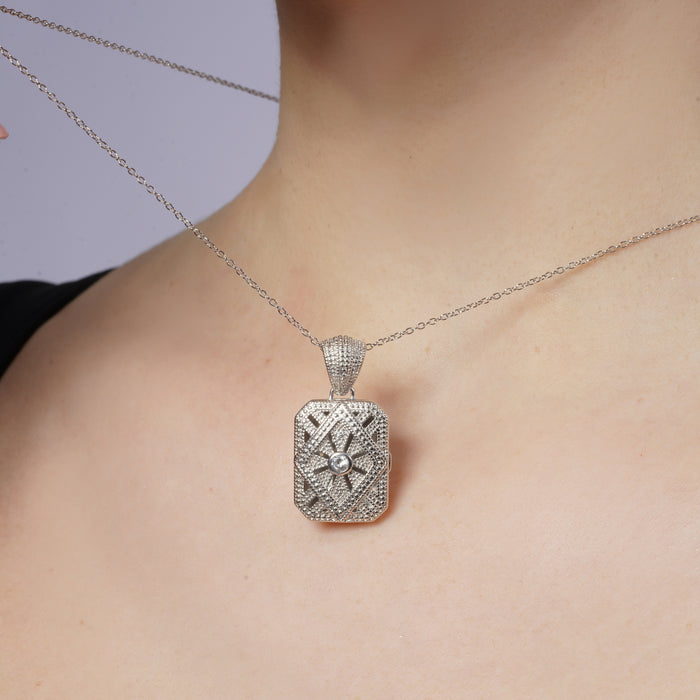 Rhodium Plated 925 Sterling Silver Ornate CZ Rectangle Locket Pendant Necklace - STP00123