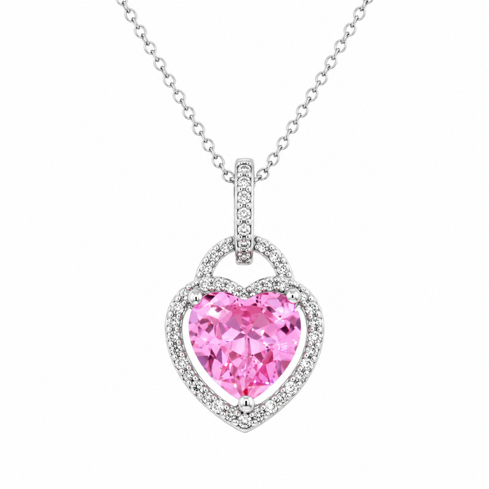 Rhodium Plated 925 Sterling Silver Pave CZ Pink Heart Pendant Necklace - STP00269