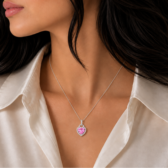 Rhodium Plated 925 Sterling Silver Pave CZ Pink Heart Pendant Necklace - STP00269