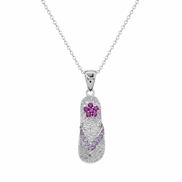 Rhodium Plated 925 Sterling Silver Pink CZ Flip Flop Sandal Pendant Necklace - STP00366