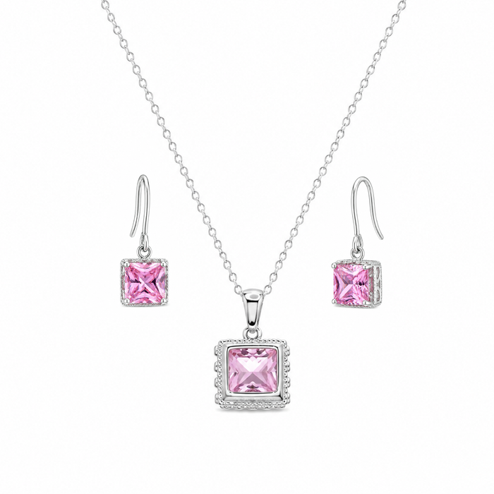 Silver 925 Rhodium Plated Princess Cut CZ Dangle Earring and Necklace Set - STS00135 | Silver Palace Inc.