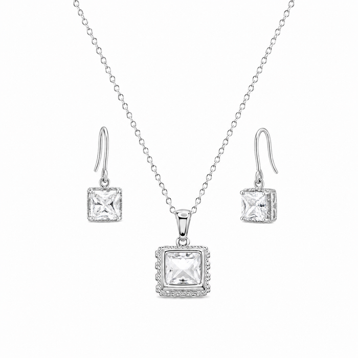 Silver 925 Rhodium Plated Princess Cut CZ Dangle Earring and Necklace Set - STS00135 | Silver Palace Inc.
